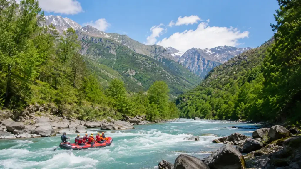 Descenso de rafting en un río de montaña del Pirineo